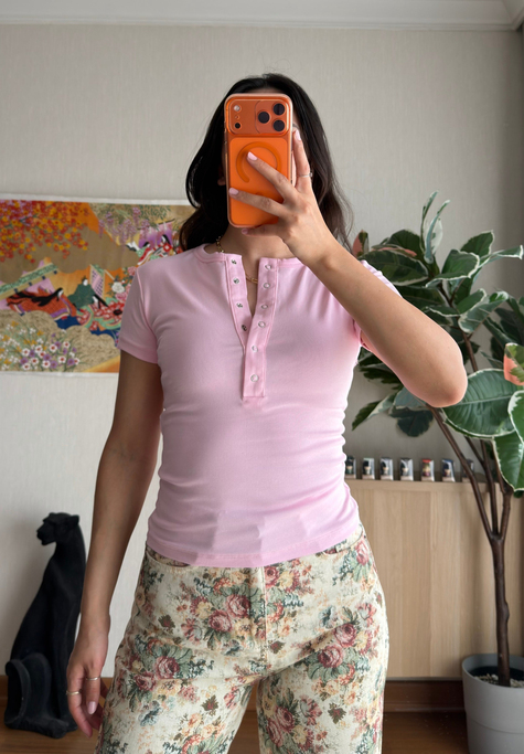 Sare Çıtlı Basic T-Shirt Pembe
