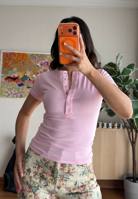 Sare Çıtlı Basic T-Shirt Pembe