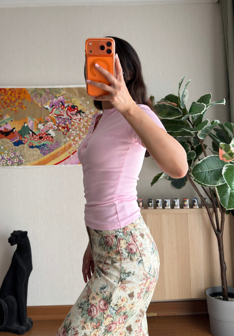Sare Çıtlı Basic T-Shirt Pembe