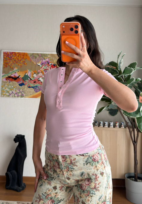 Sare Çıtlı Basic T-Shirt Pembe
