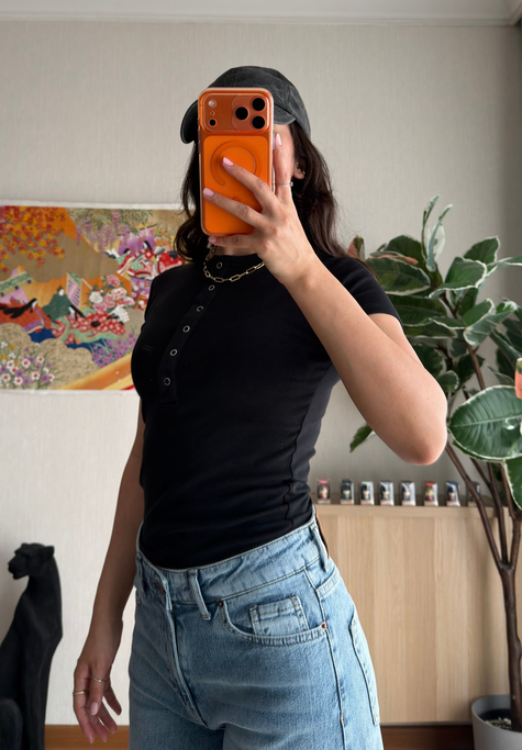Sare Çıtlı Basic T-Shirt Siyah