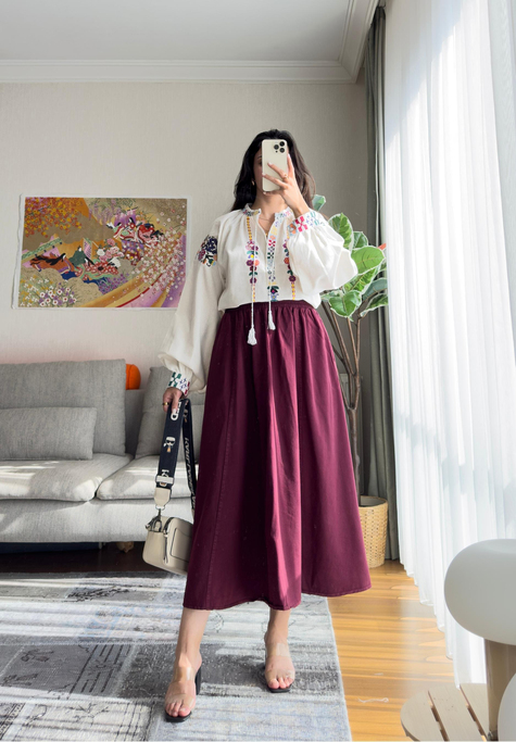Taru Gabardin Midi Etek Bordo
