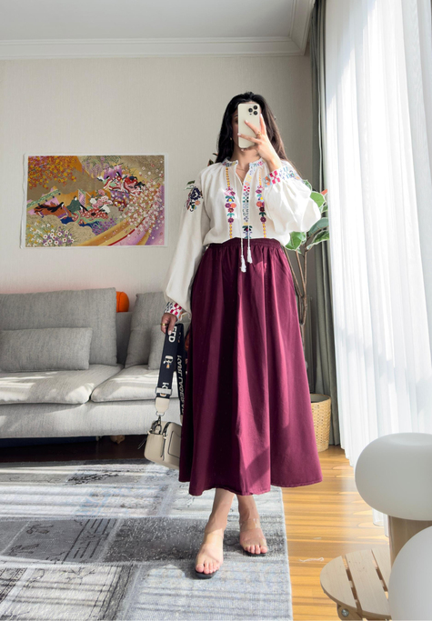 Taru Gabardin Midi Etek Bordo