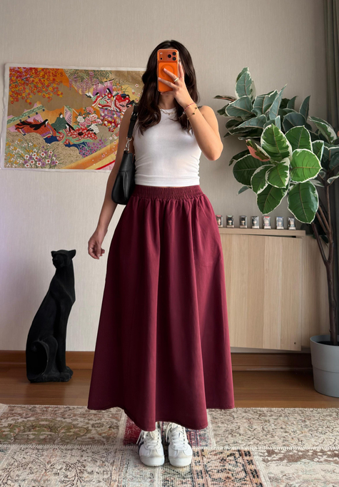 Taru Gabardin Midi Etek Bordo