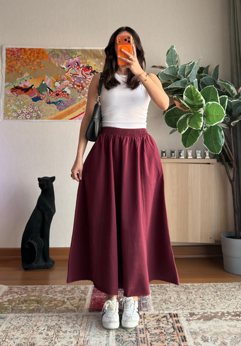 Taru Gabardin Midi Etek Bordo