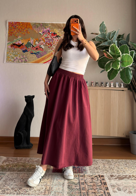 Taru Gabardin Midi Etek Bordo