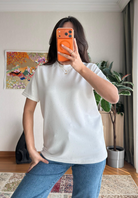 Taşlı Basic Modal T-Shirt Beyaz