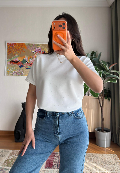 Taşlı Basic Modal T-Shirt Beyaz