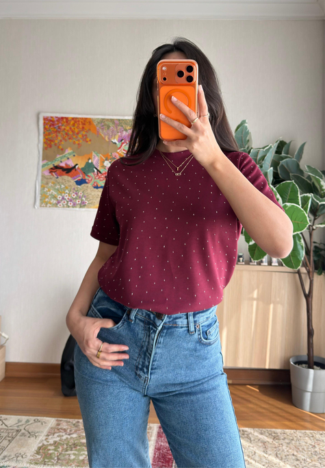 Taşlı Basic Modal T-Shirt Bordo
