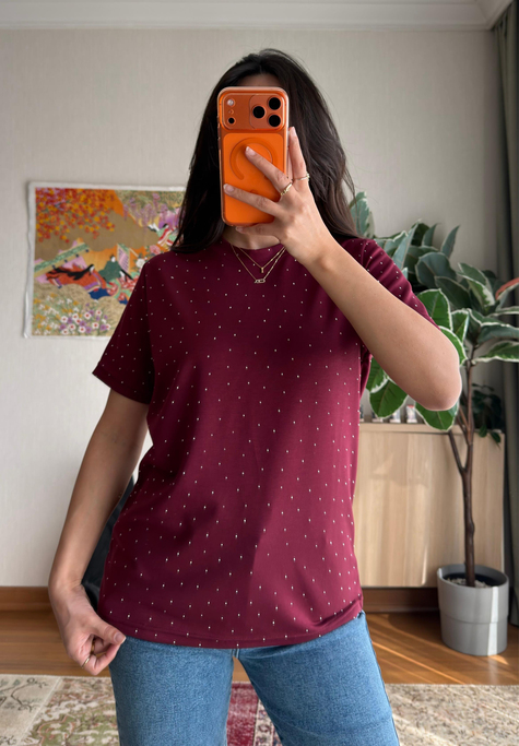 Taşlı Basic Modal T-Shirt Bordo