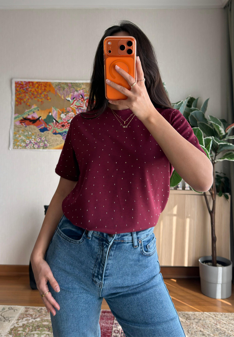 Taşlı Basic Modal T-Shirt Bordo