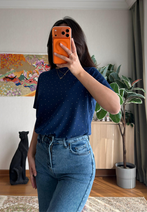 Taşlı Basic Modal T-Shirt Lacivert