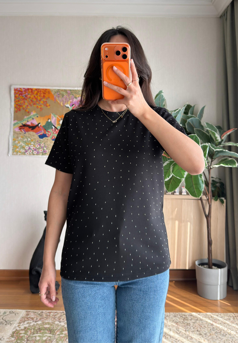 Taşlı Basic Modal T-Shirt Siyah