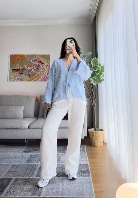 Kiku Püsküllü Bağlamalı Kimono Mavi