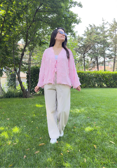 Kiku Püsküllü Bağlamalı Kimono Pembe
