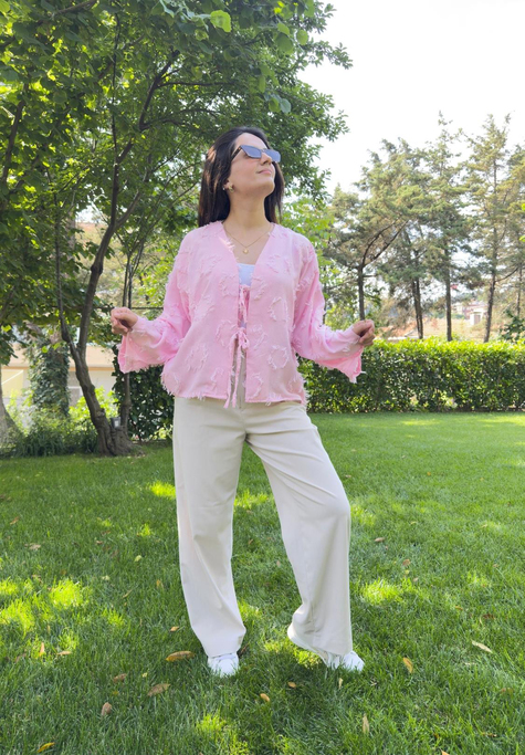 Kiku Püsküllü Bağlamalı Kimono Pembe