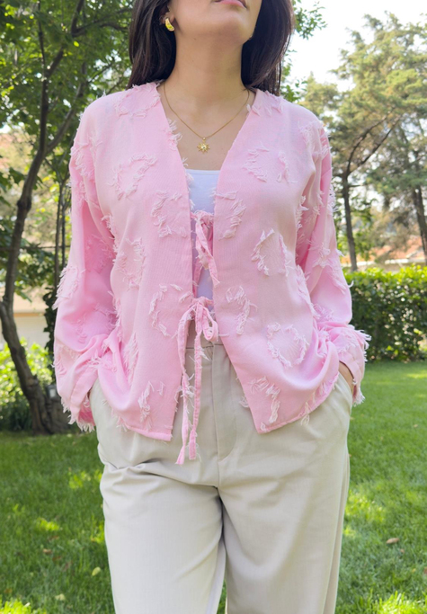 Kiku Püsküllü Bağlamalı Kimono Pembe