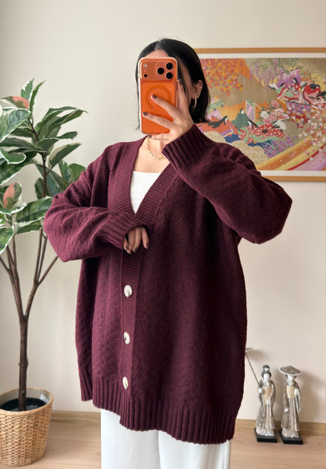 V Yaka Düğmeli Oversize Uzun Hırka Bordo
