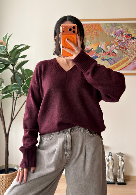 V Yaka Oversize Yumoş Kazak Bordo