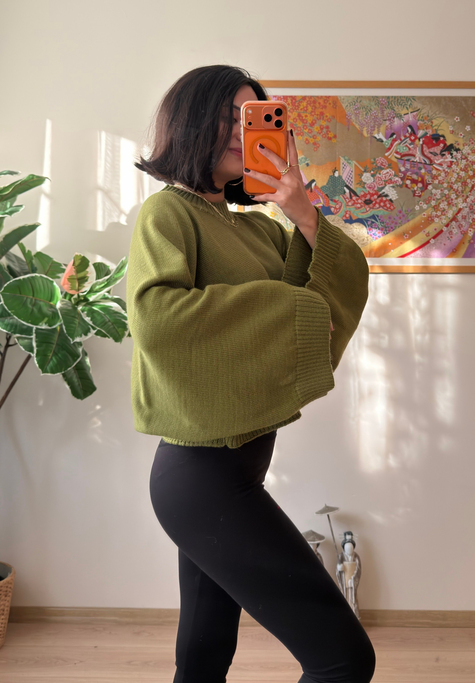 Yarasa Kol Oversize Triko Kazak yeşil