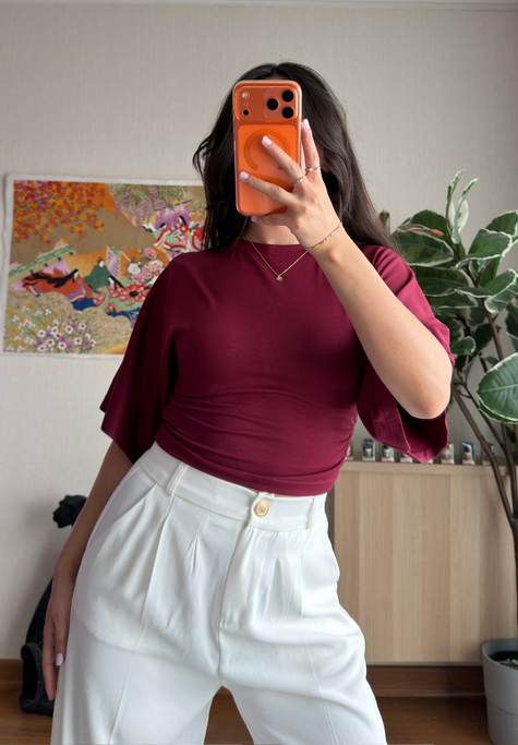 Yuina Yanı Büzgülü T-Shirt Bordo