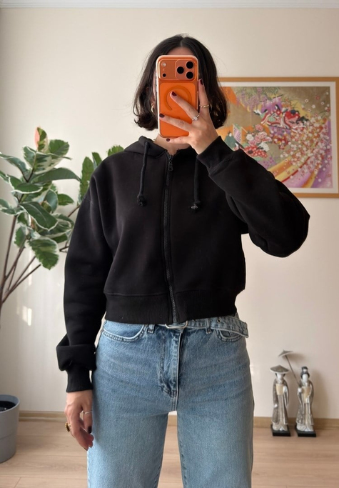 Yuki Kapşonlu Fermuarlı Kısa Sweatshirt Siyah