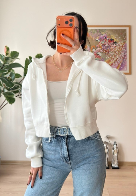 Yuki Kapşonlu Fermuarlı Kısa Sweatshirt Beyaz