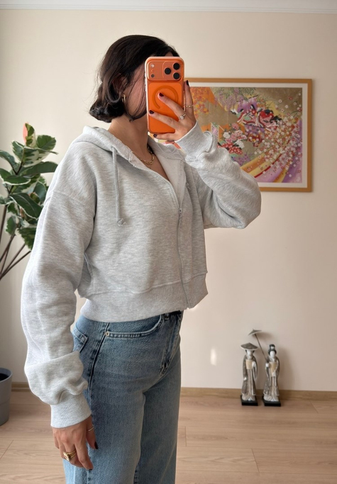 Yuki Kapşonlu Fermuarlı Kısa Sweatshirt Gri