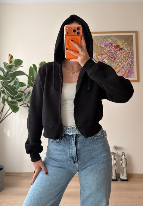 Yuki Kapşonlu Fermuarlı Kısa Sweatshirt Siyah