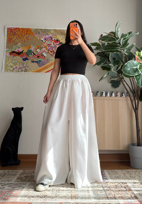 Yüksek Bel Telsel Pantolon Etek Beyaz