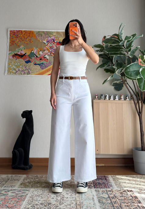 Yuriko Kemerli Bol Paça Jean Beyaz