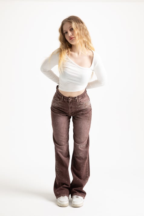Acı Kahve Taşlı Loose Fit Jean