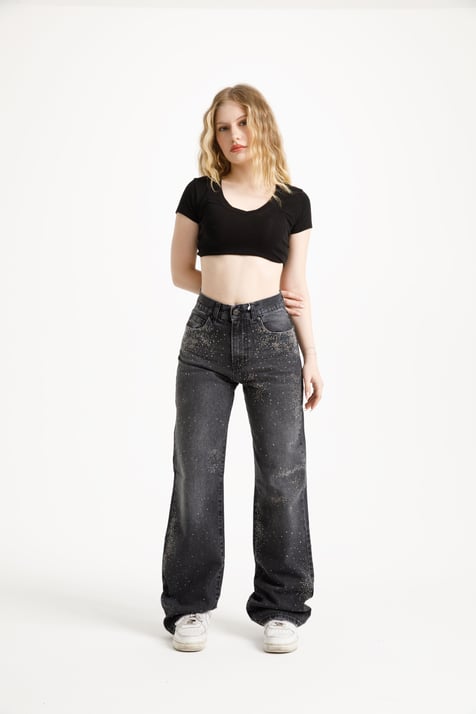 Antrasit Taşlı Loose Fit Jean