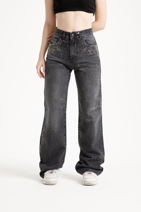 Antrasit Taşlı Loose Fit Jean
