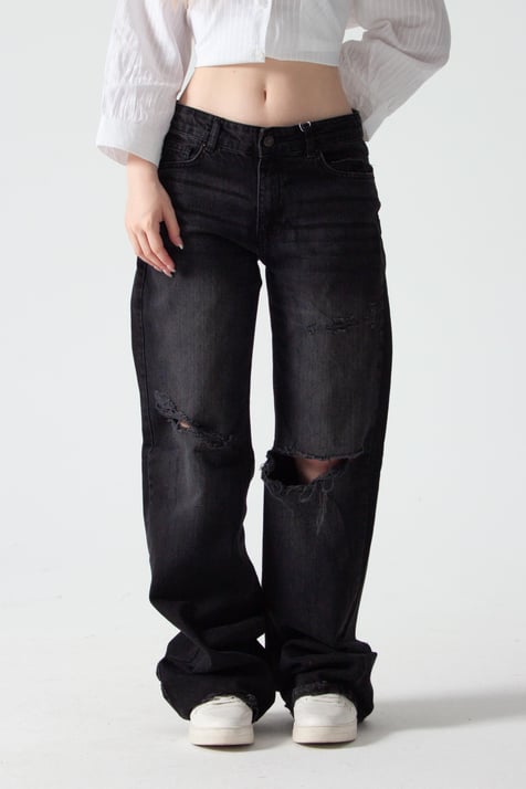 Antrasit Yırtıklı Baggy Flare Jean