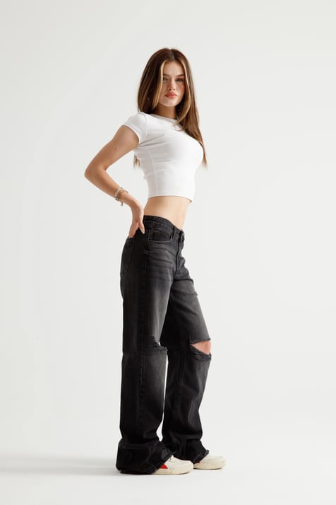 Antrasit Yırtıklı Baggy Flare Jean