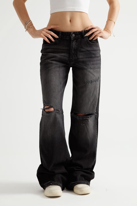 Antrasit Yırtıklı Baggy Flare Jean