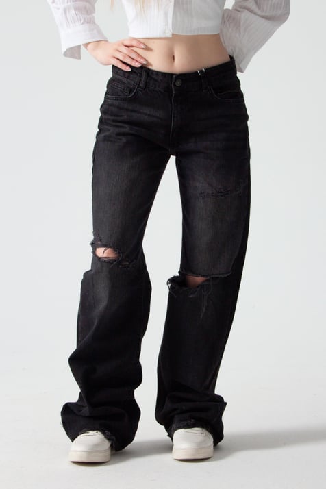 Antrasit Yırtıklı Baggy Flare Jean