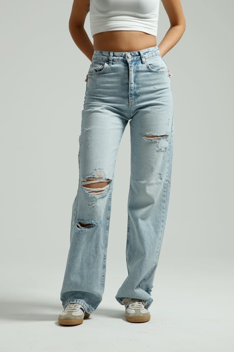 Buz Mavi Yırtıklı Straight Jean