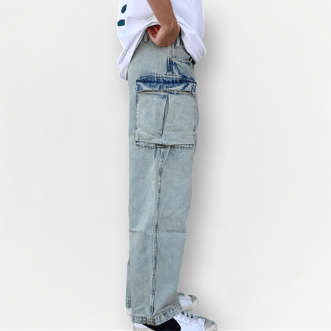 Eskitme Buz Mavi Yüksek Cep Baggy Jean