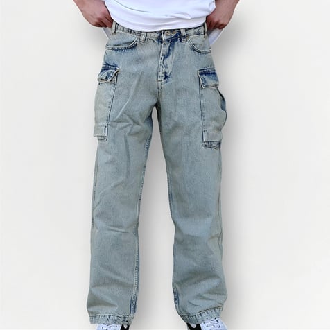 Eskitme Buz Mavi Yüksek Cep Baggy Jean