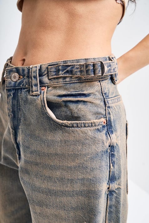 Eskitme Yırtıklı Kemer Detay Wide Leg Jean