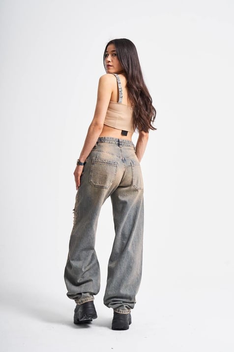 Eskitme Yırtıklı Kemer Detay Wide Leg Jean