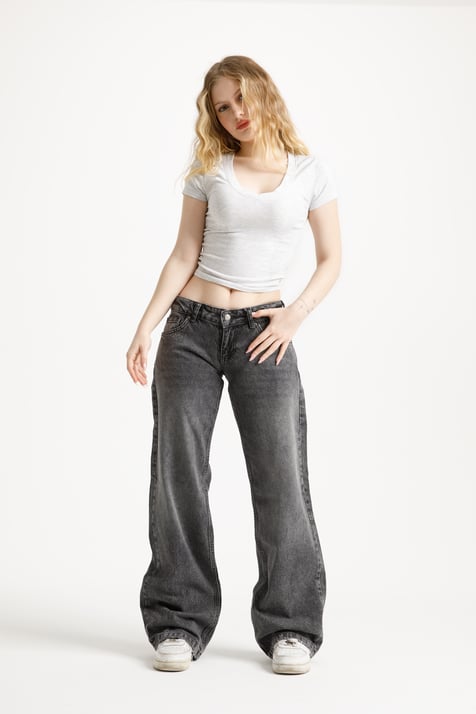 Gri Düşük Bel Straight Jean