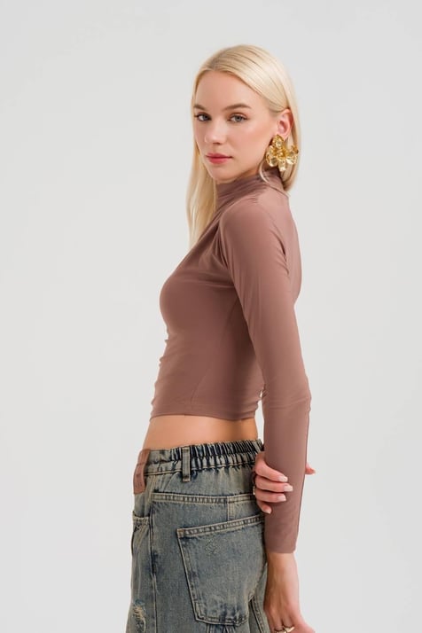 Kahverengi Uzun Kollu Slim Bluz