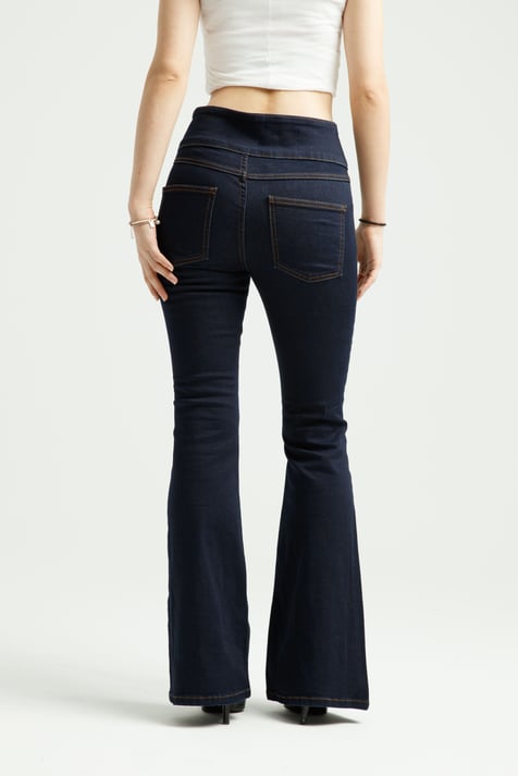Koyu İndigo Çift Düğmeli Flare Jean