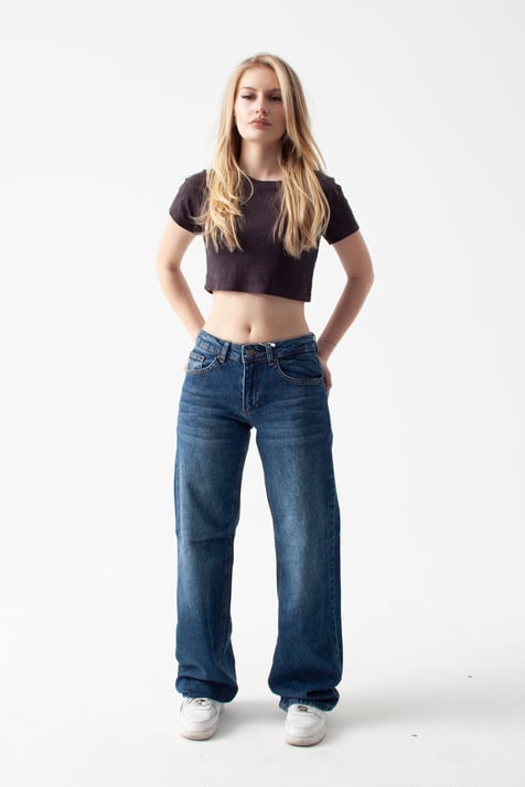 Koyu Mavi Orta Bel Straight Jean