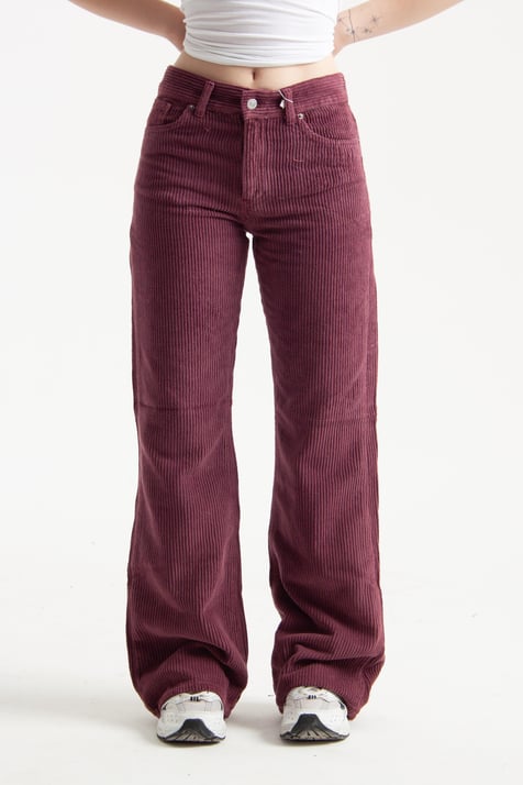 Koyu Mürdüm Kadife Kumaş Flare Jean