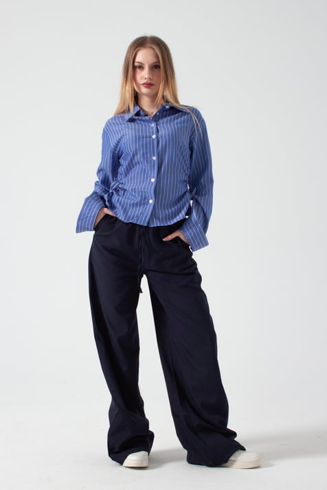 Lacivert Beli Lastikli Bol Paça Pantolon