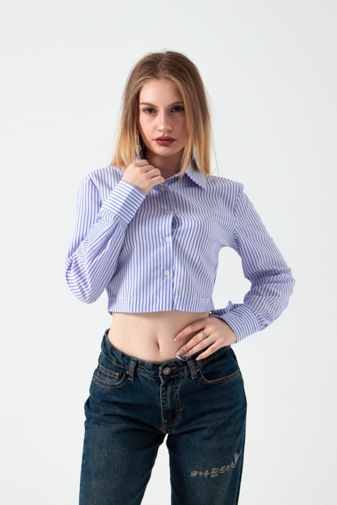 Mavi Çizgili Crop Gömlek